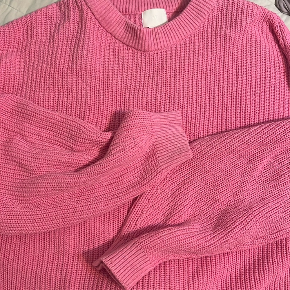 H&M Pink Cable Knit Oversized Cropped Pink crewneck Sweater L
